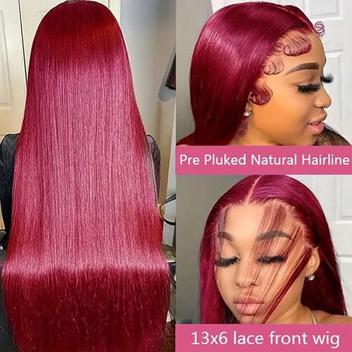 Flossy Lace Front Wigs Semi Human Hair Straight for Women Glueless 99J Colored 13x4 HD Burgundy Lace Frontal Wig Pre Plucked with Baby Hair Brazilian Virgin Hair 150% Density