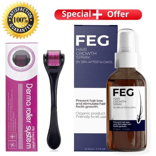 Feg All Natural, Organic Anti Hair Loss, Hair Growth Cure Oil Spray for Thicker Long Hair-For Men and Women, Safe for All Hair types PLUS a Free Derma Roller.