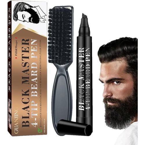 Guanjing Black Beard Filling Kit Master 4 Tip Beard Pen Filler Facial Hair Moustache Repair Shape + Brush Bristle Waterproof Sweatproof Natural Long-lasting Coverage Mustache Set Kit Define Colour Enhance Styling Thickener