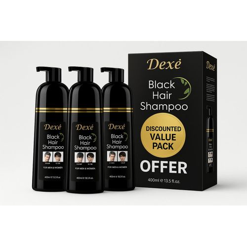 Dexe 3 PACK Black Permanent Hair Dyes + FREE Gloves- 400ml each bottle- Black Shampoo Hair Dye- Instant Black Hair Color for Men Women/ Black Hair Color/ Simple to Use/ Long Lasting- Fast Acting/ Natural Ingredients