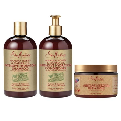 Shea Moisture Manuka Honey & Mafura Oil Intensive Hydration Combination Set – Includes 13 Oz. Shampoo, 13 Oz. Conditioner & 12 Oz. Hair Masque Plus A Free Head Scalp Massager Shampoo BRUSH.
