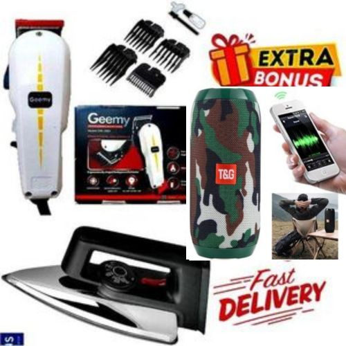 Geemy Professional Barbering Hair Shaving Machine-Kinyozi & Bluetooth Speaker + Best Iron Box