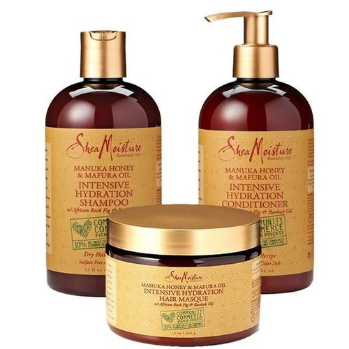 Shea Moisture Shampoo, Conditioner and Masque Intensive Hydration Set for Dry, Damaged Hair enriched with Manuka Honey, Mafura Oil, Baobab Oil & Fig Extract-Hydrates and Replenish, Vitamin C, Sulfate Free & Hair Color Safe with Deep Conditioning.