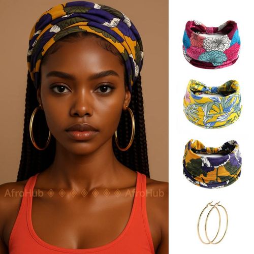 3-In-1 Headbands and Round Gold Earrings set Hair bands Earrings Set Women Headband Head Turban American style yoga sports headband Wig fixed hairstyle hip-hop