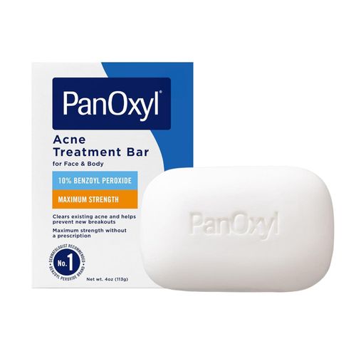 PanOxyl Acne Treatment Bar with 10% Benzoyl Peroxide, Maximum Strength Acne Bar for Face, Chest, and Back, Soap-Free Body Wash, Treats Acne Pimples, Whiteheads, Blackheads, pH Balanced, Vegan