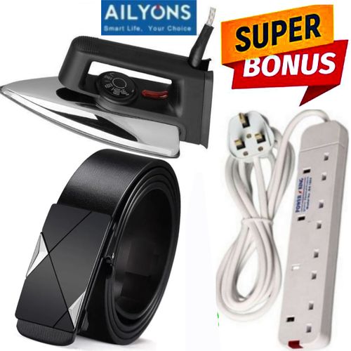 AILYONS HIGH QUALITY BEST VALUE HD-199A ELECTRIC DRY IRON BOX // BEST CLOTHES IRON BOX-1000W// IRONING MACHINE TITANIUM ELECTRIC DELUXE IRON BOX-1000W + EXTRA GIFT FOR IRONING & SMOOTHENING CLOTHES + FREE 4 WAY POWER EXTENSION & BUCKLE BELT LEATHER
