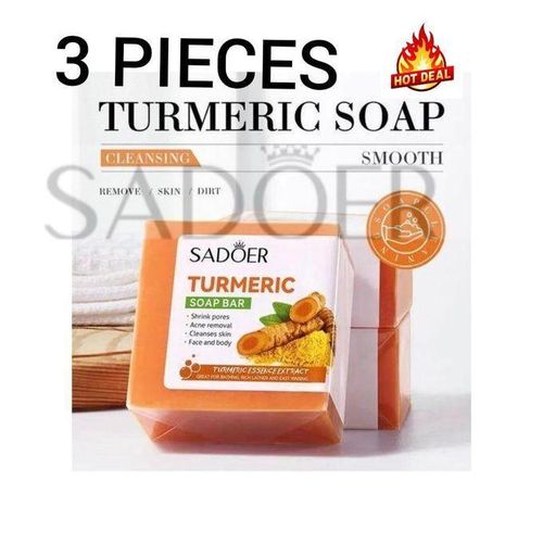 SADOER 3 PIECES Turmeric Soap Bar, Tumeric Soap (100g) is Designed For Acne Removal, Deep Cleaning, Moisturizing, Shrinking large Pores, Like Vitamin C, Brighten Skin Tone, For Body and Face