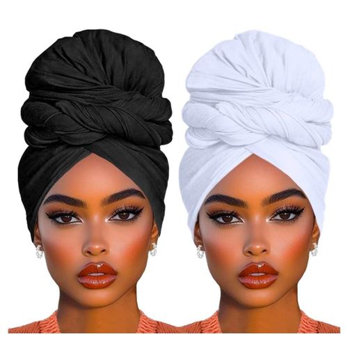 2 Piece Stretch Head Wrap Hijab Extra Jersey Turban Long Solid Color African Head Scarf Long Scarf Fashion Head Scarfs Lightweight Breathable Head Bands for Women(Black+White)