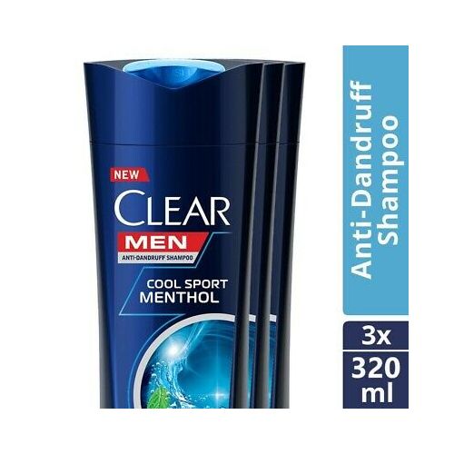 Clear 3-Pack Men Cool Sport Menthol Anti-Dandruff Shampoo.
