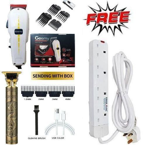 Geemy Affordable Professional Hair Shaving Machine / Shaving Machine-Kinyozi & T9 Dragon Rechargeable Metal Hair Clipper Wireless Gold + 4 Way Power Extension Cable