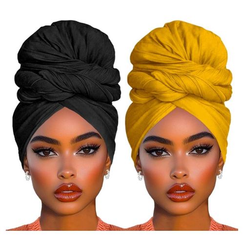 2 Piece Solid Color Stretch Jersey Head Wrap Long Scarf Muslim Headwraps Long African Women's Headwraps Stretch Hijab Extra Fashion Head Scarf Soft Head Bands for Women(Black+Turmeric)