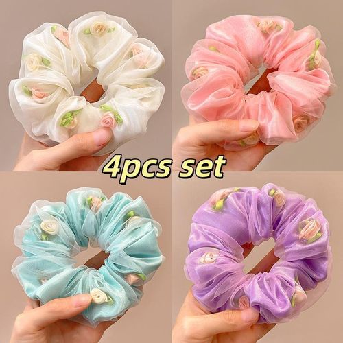 Mesh Flower Scrunchies Hair Scrunchies Cute Elastic Hair Ties with Flower Girls Hairband Accessories 4 pcs a set
