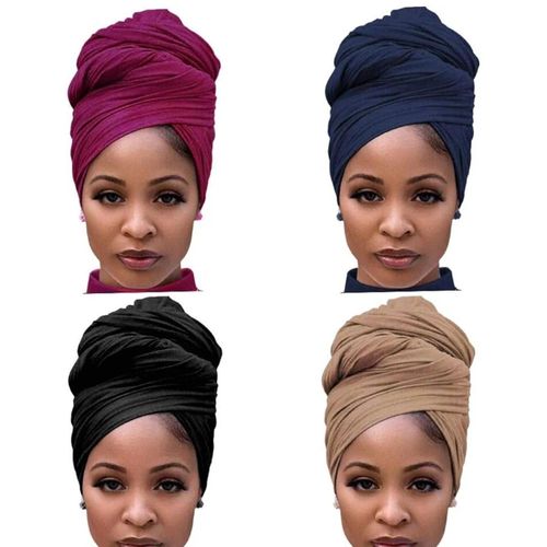 4Pcs African Headwraps for Women Long Hair Scarf, Ultra Soft Breathable Solid Color Headband (Black Rose Red Brown Navy Blue)