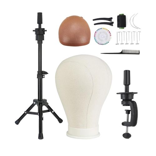 23 Inch Wig Head Stand With Canvas Mannequin For Making And Display - Includes Caps, T Pins, Hair Comb, And Clips