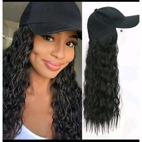 Premium 26" Quality Black Hat Hair Wig Female Curly Natural Hair Fashion Cap