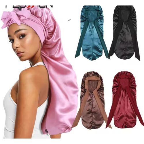 Extra Long Satin Bonnet for Women, Adjustable Braided Bonnet with Tie, Double Layer Elastic Silk Bonnet