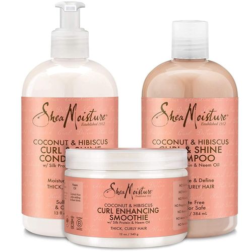 Shea Moisture Coconut & Hibiscus Curl Bundle: Includes Curl & Shine Shampoo, Conditioner and Curl Enhancing Smoothie + Free Wide Tooth Comb & Shampoo Brush.