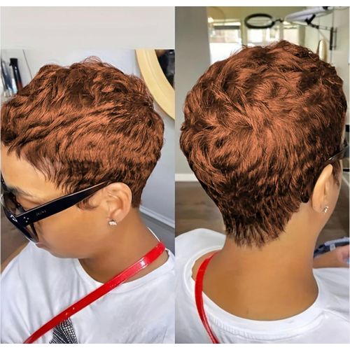 Female Brown Short Pixie Cut Straight Curly Hair Synthetic Wigs For Women