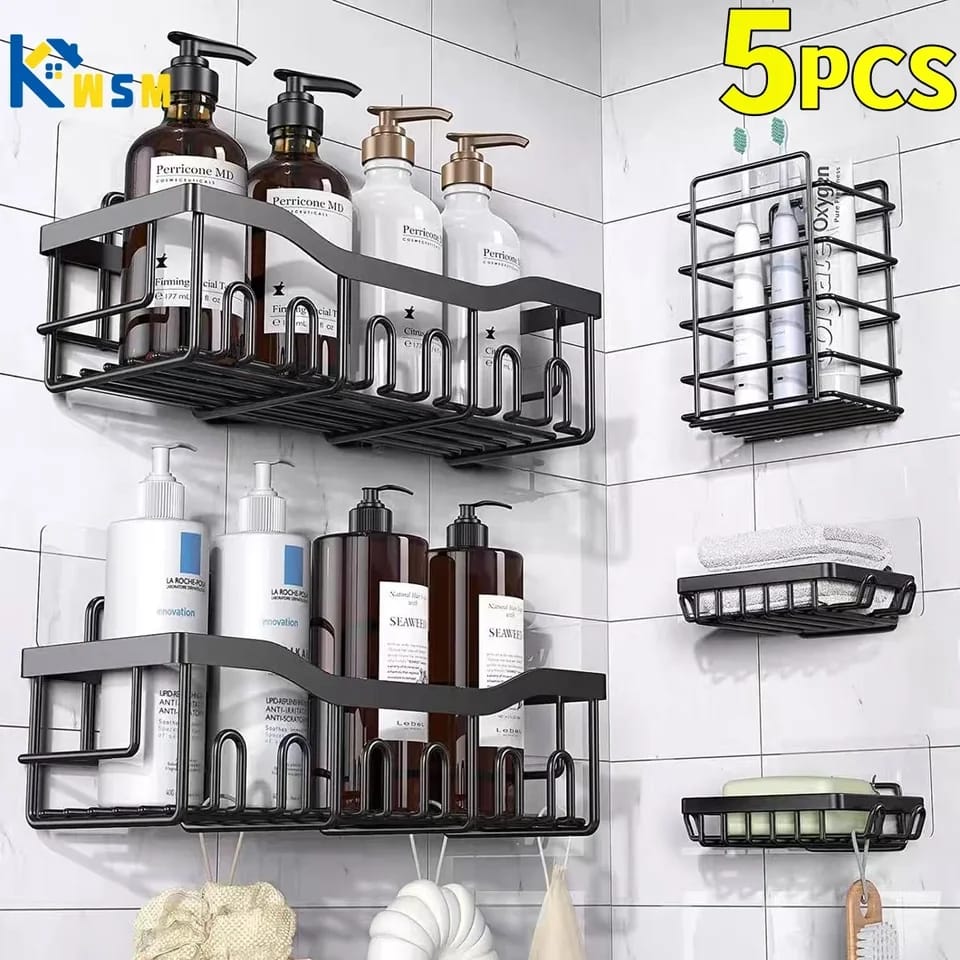 Heavy-Duty Carbon Steel Corner Shower Caddy Set (5-Pack) – Rust-Resistant, Adhesive, Space-Saving Bathroom Organizer