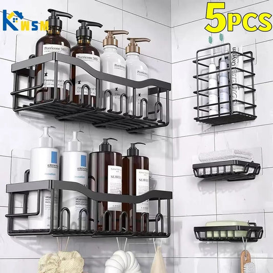Heavy-Duty Carbon Steel Corner Shower Caddy Set (5-Pack) – Rust-Resistant, Adhesive, Space-Saving Bathroom Organizer
