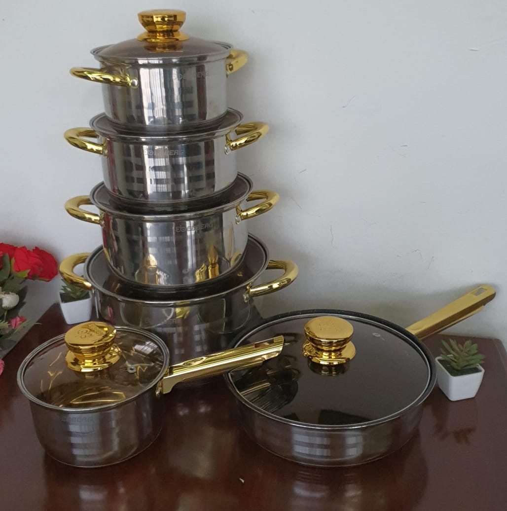 12pc Norbitcon EbEBBERG 93 Premium Aluminium Cookware Set – Golden Caps & Handles, Durable Nonstick Pots (2.1L to 6.6L)