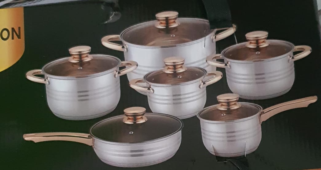 12pc Norbitcon EbEBBERG 93 Premium Aluminium Cookware Set – Golden Caps & Handles, Durable Nonstick Pots (2.1L to 6.6L)