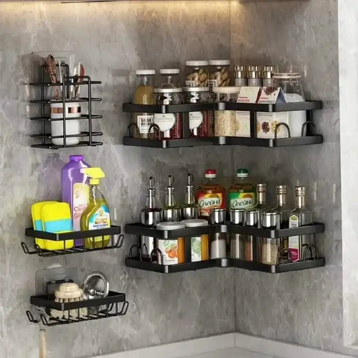 Heavy-Duty Carbon Steel Corner Shower Caddy Set (5-Pack) – Rust-Resistant, Adhesive, Space-Saving Bathroom Organizer