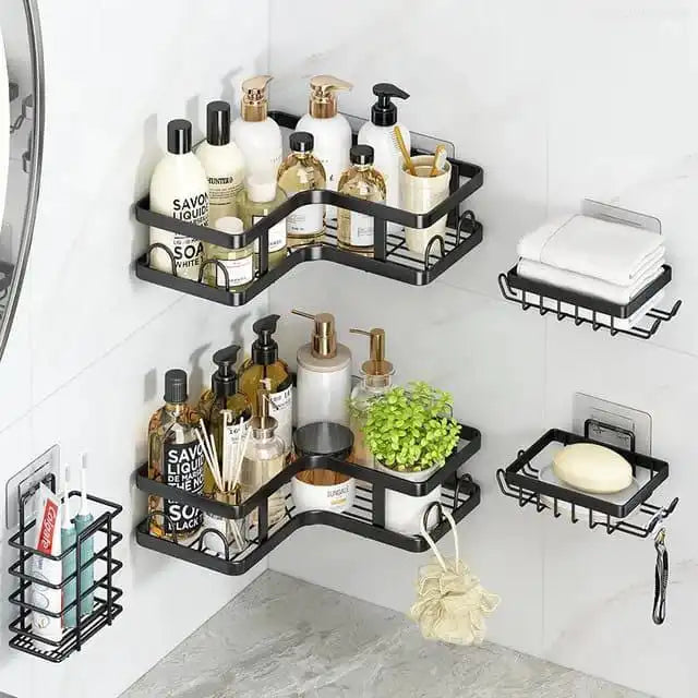 Heavy-Duty Carbon Steel Corner Shower Caddy Set (5-Pack) – Rust-Resistant, Adhesive, Space-Saving Bathroom Organizer