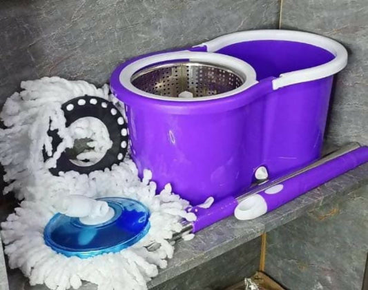 Metallic spin mop with wheels and extra mop cloth